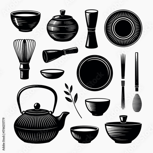 Traditional japanese tea ceremony utensils collection hand drawn illustration