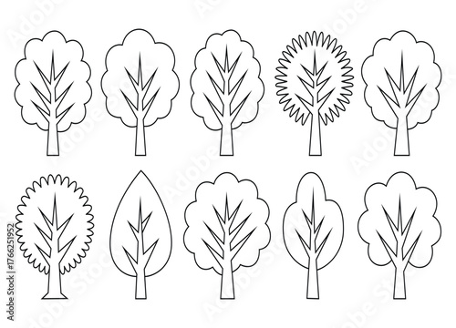 Collection of simple tree outlines for coloring book or educational material depicting nature and the beauty of the forest landscape in vector format