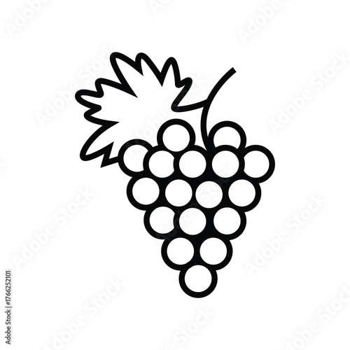 Elegant Grape Cluster Line Art Illustration for Wine and Agriculture Designs Minimalist Fruit Icon with Leaf Detail Isolated on White
