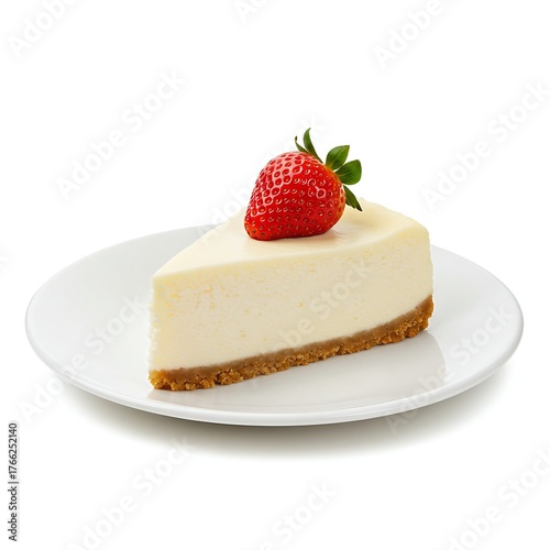  a slice of creamy, rich New York-style cheesecake with a graham cracker crust, a single perfect strawberry on top, on a stark white plate. Clean, studio lighting.