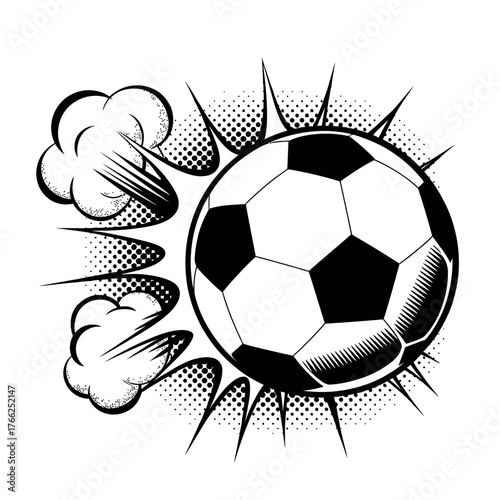 Dynamic soccer ball illustration with speed lines and smoke effect
