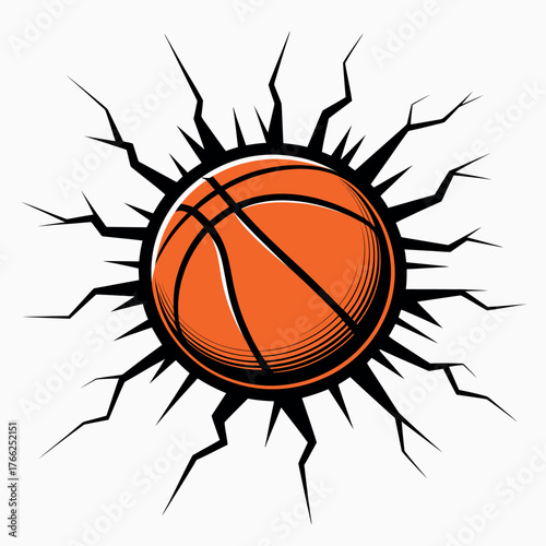 Basketball bursting through a cracked surface with radiating lines