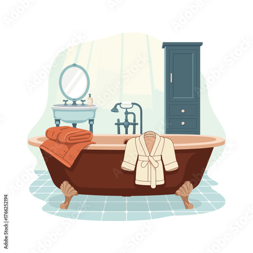 Cozy bathroom scene with clawfoot tub and robe
