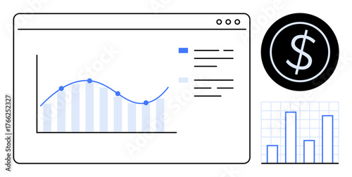 Bar graph, line chart with data points, dollar icon symbolizing growth, optimization, and analysis. Ideal for finance, business, investment marketing planning reporting and analytics. A clean
