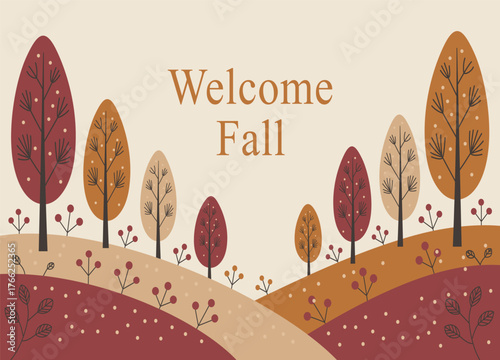 Welcome Fall in Autumn Forest Illustration with Colorful Trees and Foliage Perfect for Seasonal Greetings and Graphic Design Projects
