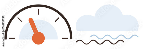 Speedometer with needle and cloud over waves suggesting performance, speed, weather conditions, and environmental harmony. Ideal for eco-friendly design, efficiency, climate control, energy