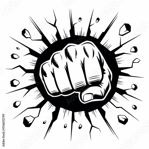 Powerful fist punching through a cracked surface with debris flying outwards
