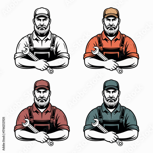 Four illustrations of a bearded mechanic wearing overalls and holding a wrench
