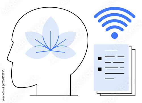 Human profile with flower evokes mindfulness, wireless symbolizes connectivity, papers signify learning. Ideal for mental health, education, digital transformation, self-care, knowledge sharing