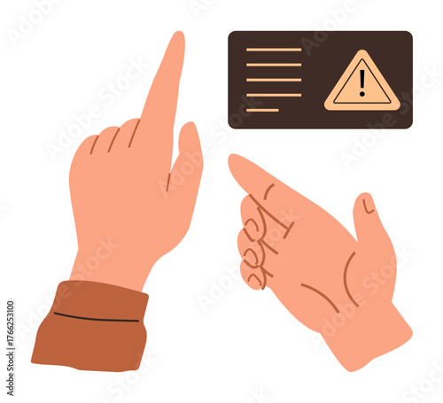 Hand pointing towards warning sign with exclamation mark and list of information. Ideal for safety, caution, instruction, alert, guidance, decision-making, risk communication. Simple flat metaphor