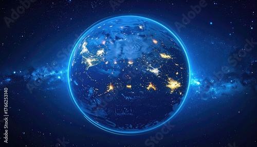 Glowing Earth At Night Surrounded By Stars And Nebula In Deep Space With City Lights Visible From Orbit Detailed Abstract Digital Art