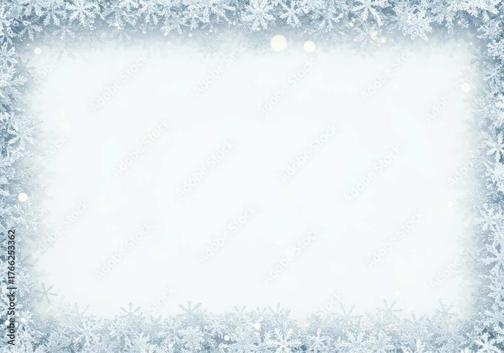 Fototapeta premium Clean, stark white backdrop providing ample space for design or text, framed by a delicate and intricate border of icy winter snowflakes ,postcard ,snow ,icy