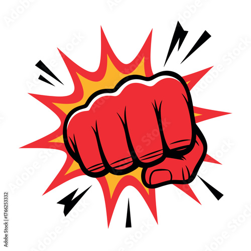 Red fist punching through a comic book explosion