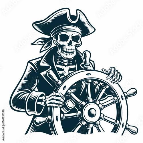 Skeleton pirate captain at the helm of a ship steering wheel