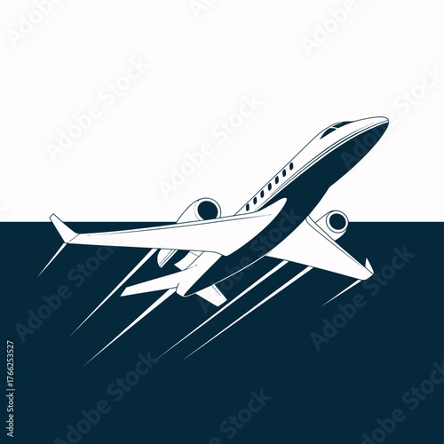 Sleek private jet ascending against a split background