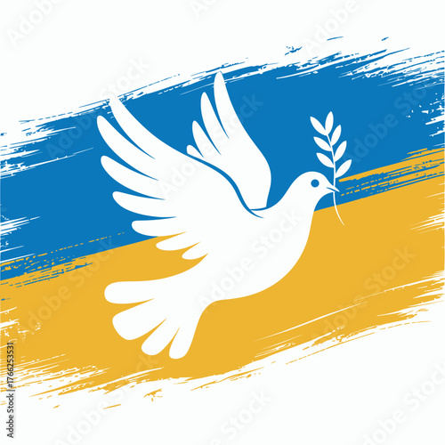 White dove of peace with olive branch over ukrainian flag colors