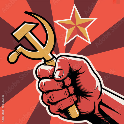 Fist holding hammer and sickle with red star against radial background