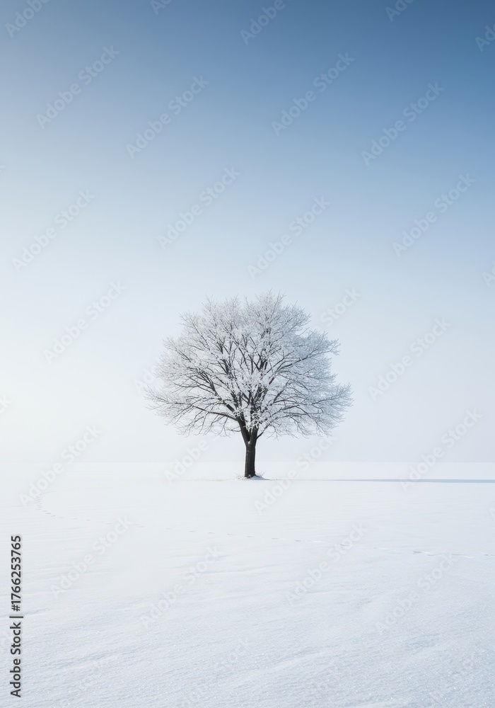 Fototapeta premium Solitary deciduous tree covered in frost standing alone in a vast, silent, deeply snow-covered winter field under diffuse light ,light ,peaceful ,ice