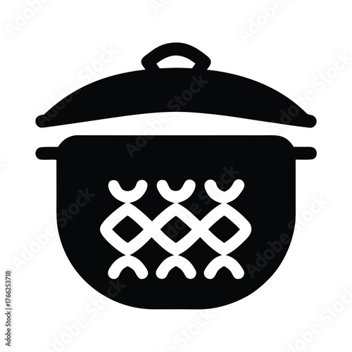 Simple black silhouette icon of a cooking pot with a decorative pattern on its side