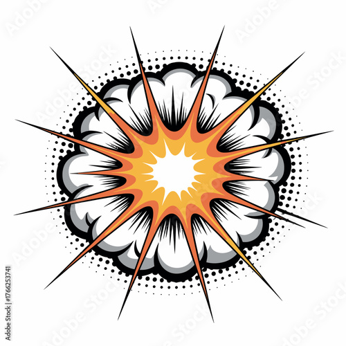 Comic book style explosion with halftone dots and bright center