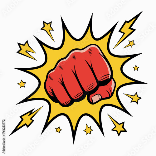 Red fist punching through yellow starburst with lightning bolts