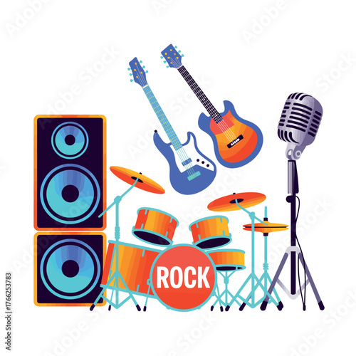 Vibrant rock band music equipment collection with guitars drums and microphone