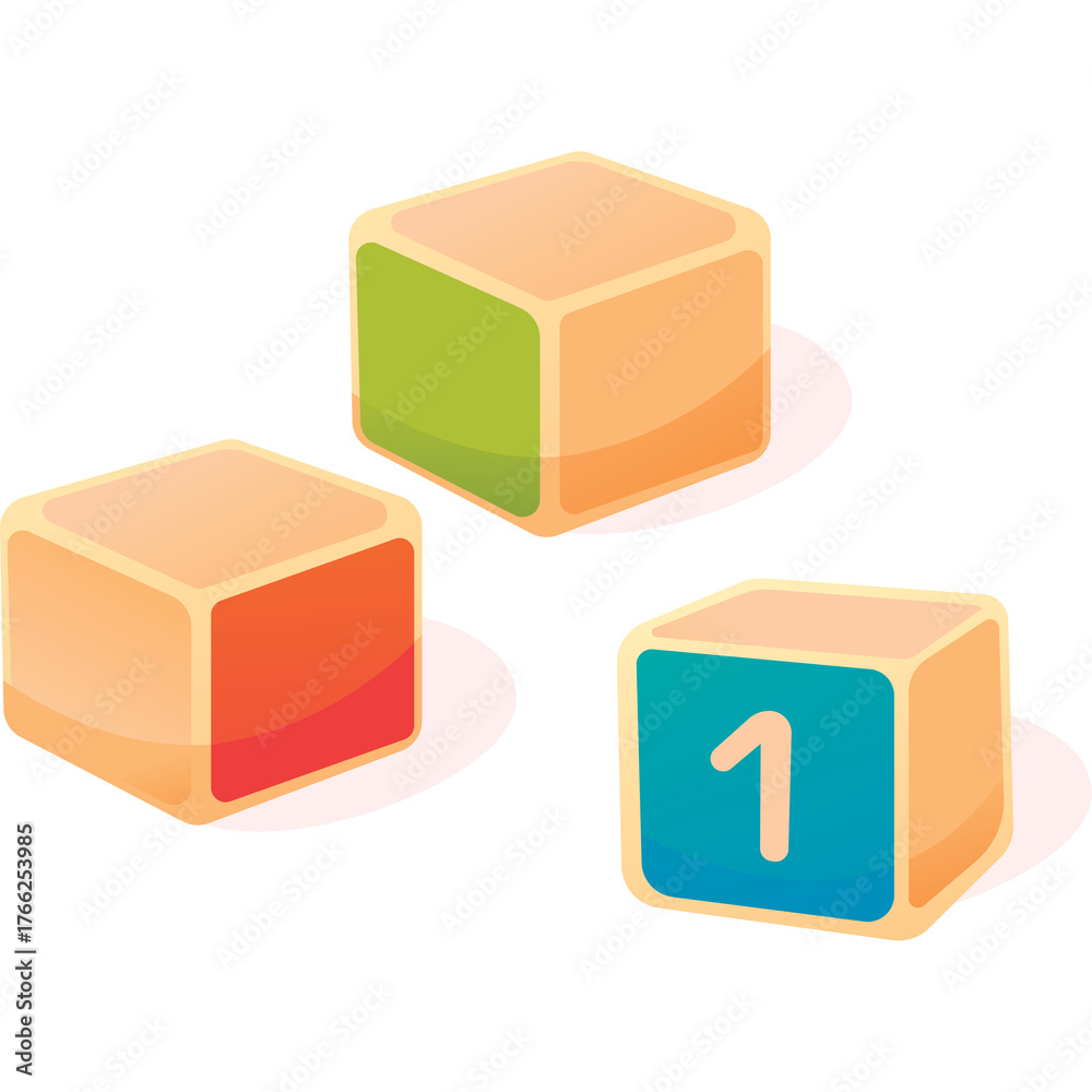 Fototapeta premium Three cartoon building blocks with rounded edges in tan color one red one green and one blue with number one on it isolated on white background