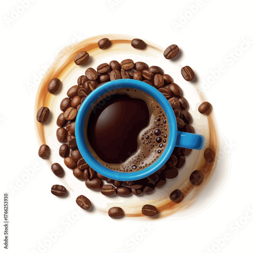 Overhead view of a blue mug filled with dark coffee surrounded by roasted coffee beans