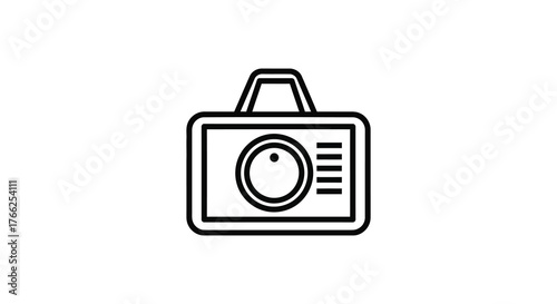 Simple outline graphic of a vintage camera with a handle and lens in a clean silhouette style