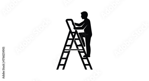 A person standing on a stepladder reaching upwards in a stark black silhouette against a white background silhouette