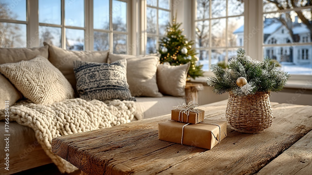 Obraz premium Festive Winter Hygge: Sunlit Living Room with Rustic Gifts, Frosted Pine, and Snowy Window View
