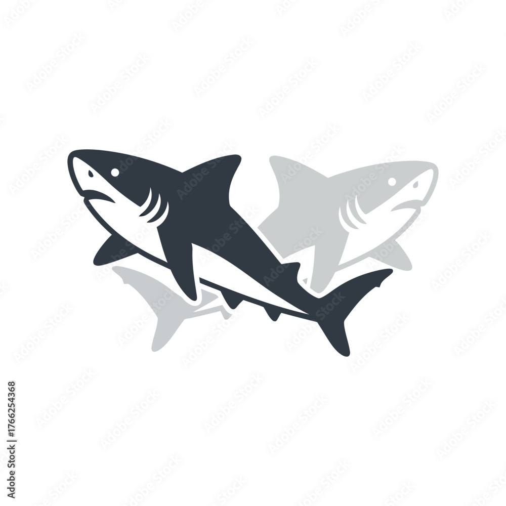 Obraz premium Stylized dark blue shark silhouette swimming with ghostly gray shadows underwater ocean marine life vector