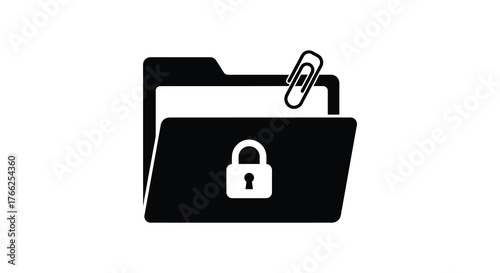 Black silhouette of an open folder with a locked padlock symbol and a paperclip on top representing secure document storage silhouette