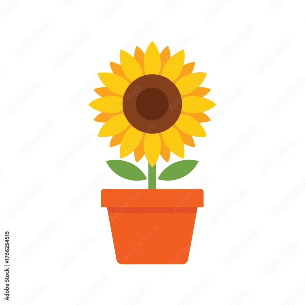 Obraz premium Vibrant sunflower growing in orange pot simple flat illustration nature beauty summer bloom vector