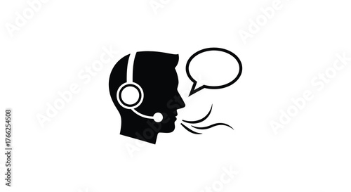 Black silhouette of a person wearing a headset with a microphone speaking into a speech bubble silhouette