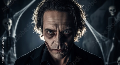 Portrait of Man with Halloween Makeup in Dark Coat and Spooky Background