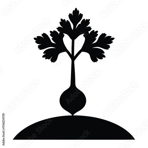 Stylized silhouette of a plant with a root bulb growing from a mound
