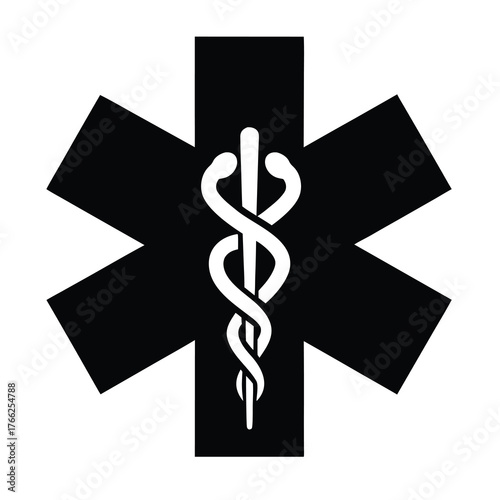 Black star of life symbol with a white medical caduceus rod at its center