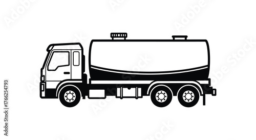 A detailed black and white illustration of a tanker truck with a large cylindrical tank on its chassis silhouette