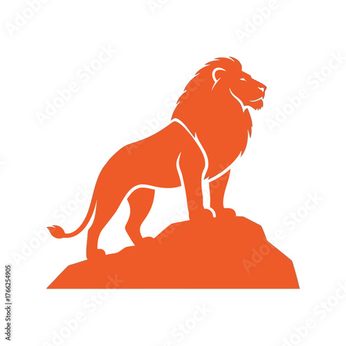Majestic orange lion silhouette standing proudly on rock summit symbolizing power strength royalty wildlife vector