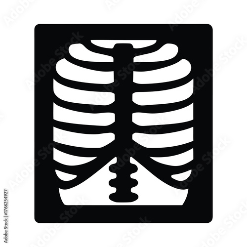 A stylized black and white icon representing a human rib cage and spine on a dark background