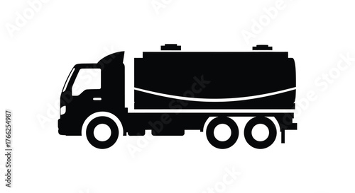 Black silhouette of a fuel tanker truck with a large cylindrical tank and multiple wheels on a white background silhouette