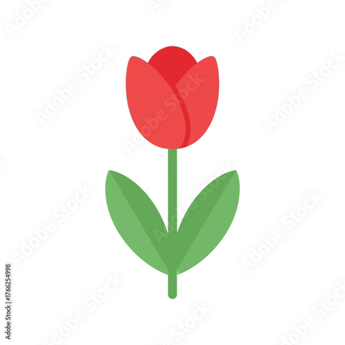 Single vibrant red tulip flower illustration with green leaves isolated on white spring bloom botany vector