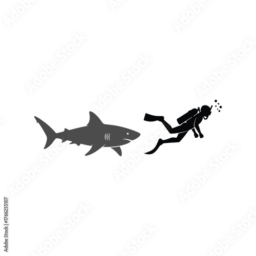 Scuba diver swimming near silhouette of shark in ocean water concept adventure exploration vector