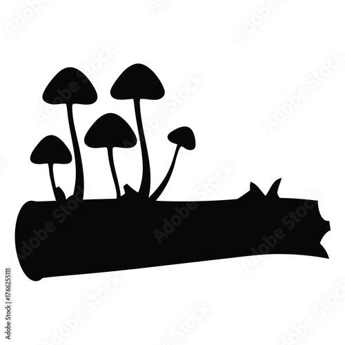Silhouette of a cluster of mushrooms growing on a fallen log in a simple black and white illustration