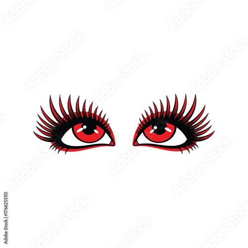 Vibrant red eyes with dramatic lashes striking intense gaze artistic illustration vector
