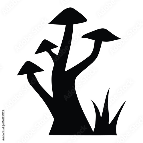 Stylized silhouette of a cluster of mushrooms growing in the grass