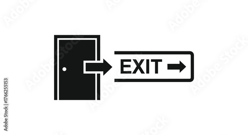 Black silhouette of a closed door with a white rectangular exit sign and arrow pointing to the right
