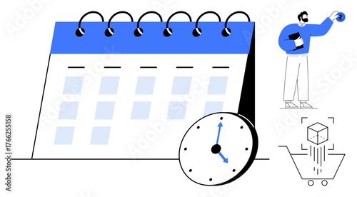 Organizer calendar with spiral binding, clock, man holding tablet with shopping cart and digital tools. Ideal for time management, productivity, planning, scheduling, e-commerce, marketing simple