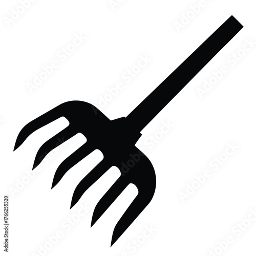 Black silhouette of a garden rake with four tines on a white background
